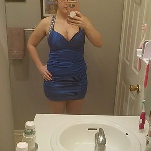 Blue rutched silky homecoming dress